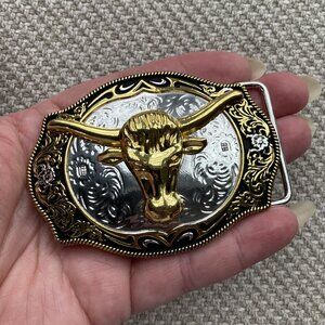 Western Belt Buckle, Rodeo, Longhorn, Ranch, Silver & Gold, NWOT, fits 1.5" belt